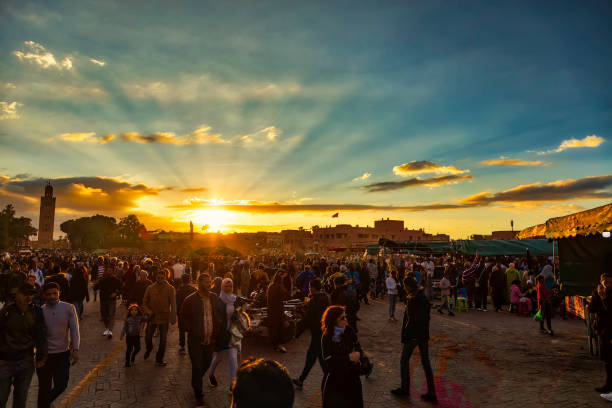 Djemaa el-Fna square and market place at sunset, Marrakesh, Morocco,